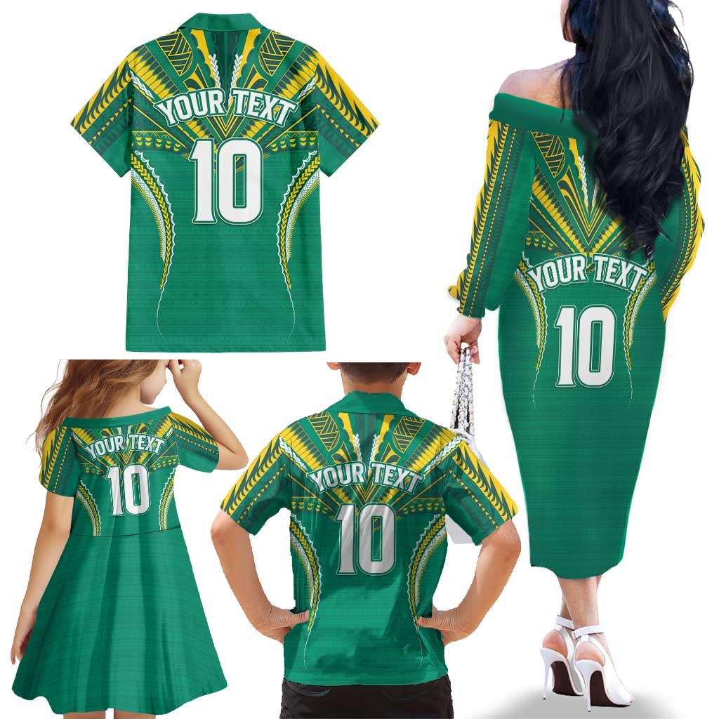 Custom Cook Islands Rugby Family Matching Off The Shoulder Long Sleeve Dress and Hawaiian Shirt Tatau Art Sport Style Green Color LT03 - Polynesian Pride