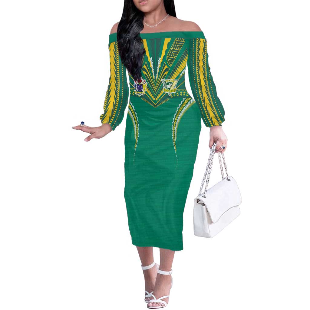 Custom Cook Islands Rugby Family Matching Off The Shoulder Long Sleeve Dress and Hawaiian Shirt Tatau Art Sport Style Green Color LT03 Mom's Dress Green - Polynesian Pride