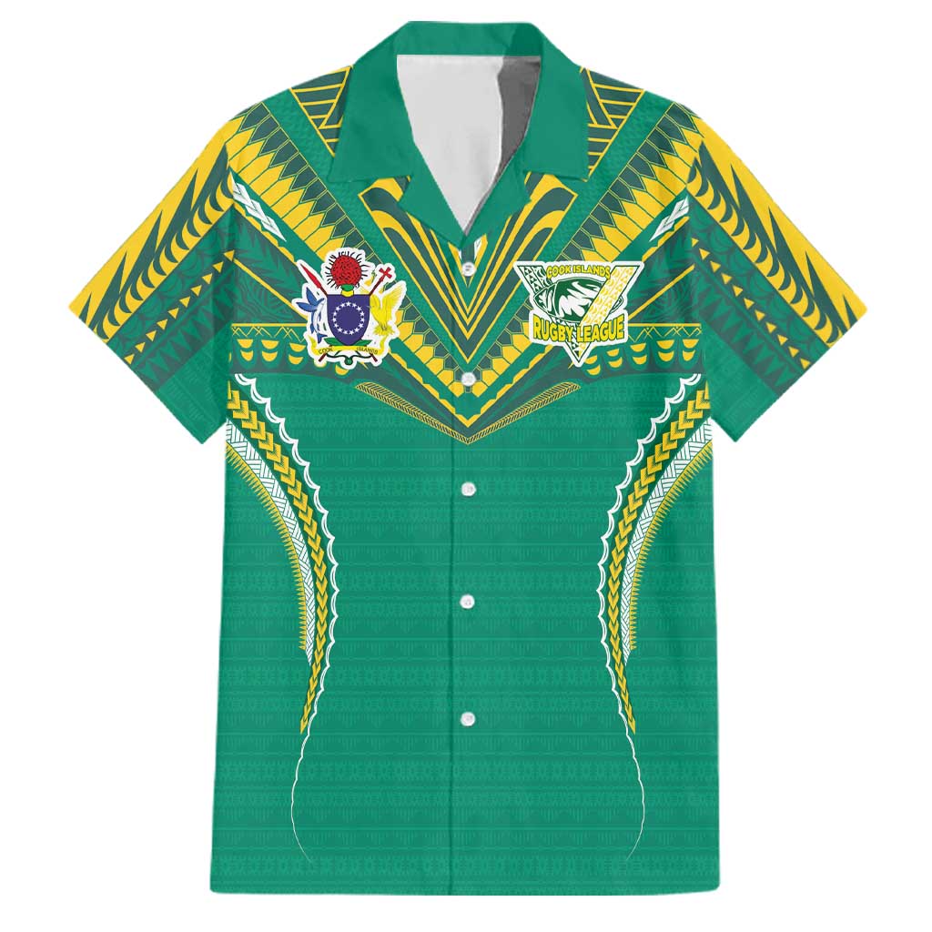 Custom Cook Islands Rugby Family Matching Off Shoulder Maxi Dress and Hawaiian Shirt Tatau Art Sport Style Green Color LT03 Dad's Shirt - Short Sleeve Green - Polynesian Pride