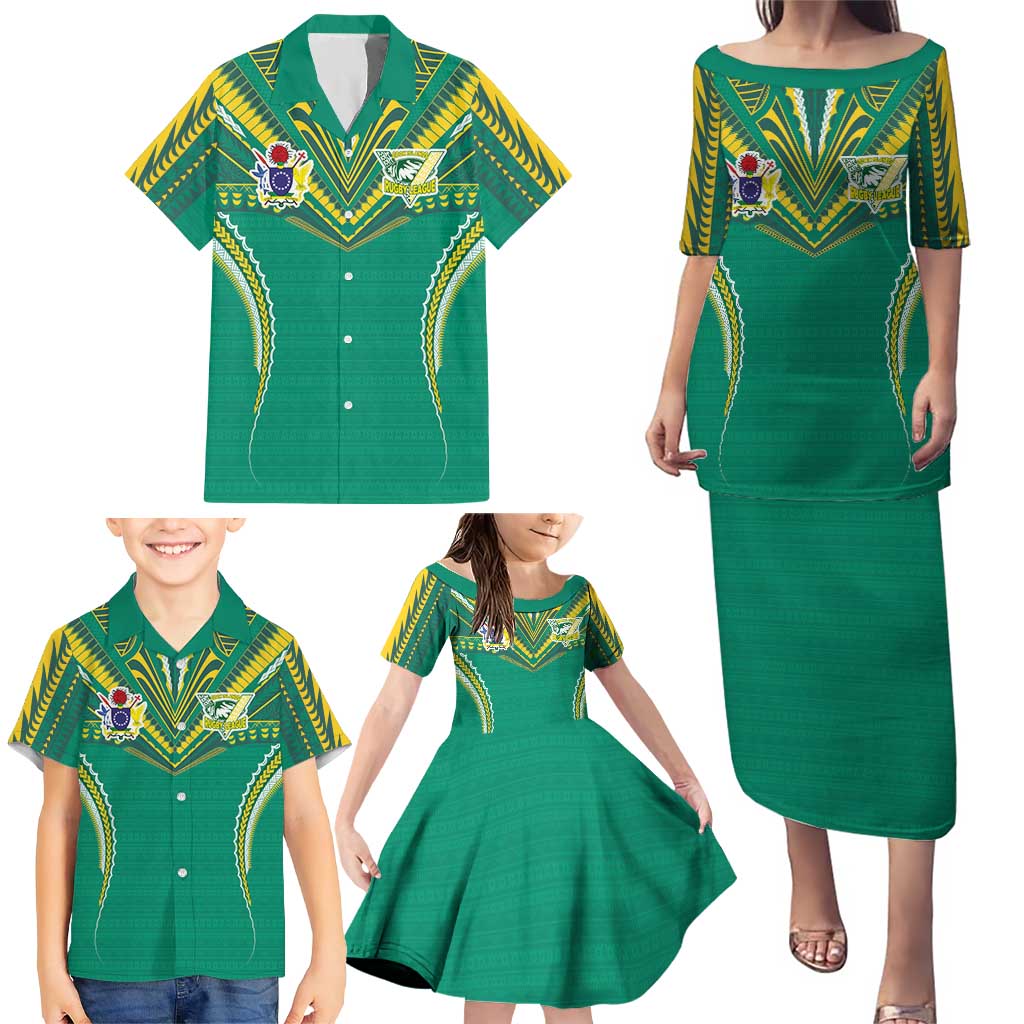 Custom Cook Islands Rugby Family Matching Puletasi and Hawaiian Shirt Tatau Art Sport Style Green Color LT03 - Polynesian Pride