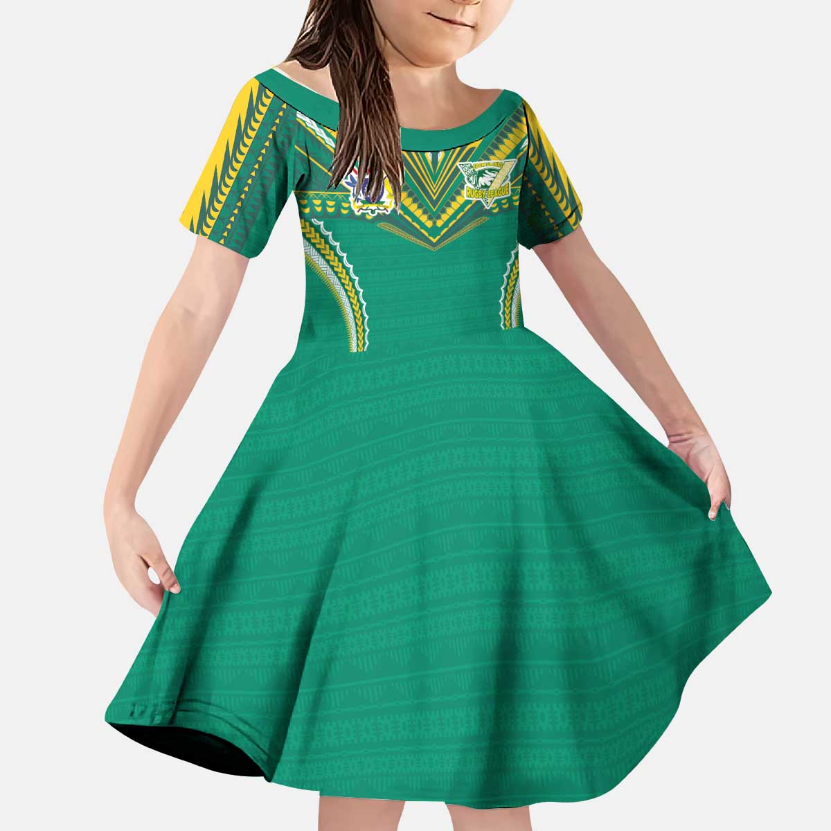 Custom Cook Islands Rugby Kid Short Sleeve Dress Tatau Art Sport Style Green Color