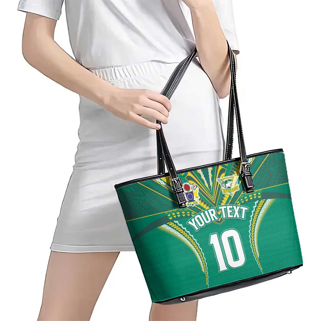 Custom Cook Islands Rugby Leather Tote Bag Tatau Art Sport Style Green Color