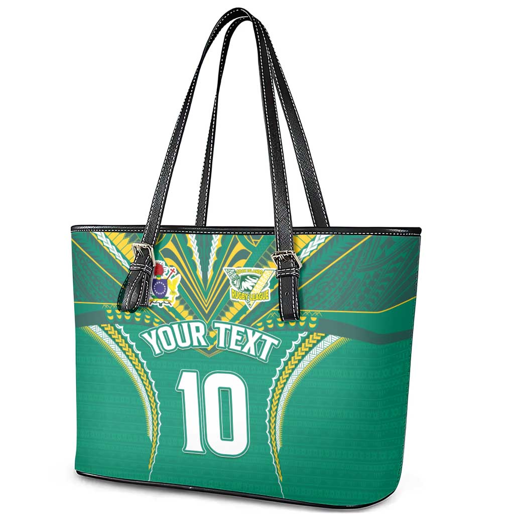 Custom Cook Islands Rugby Leather Tote Bag Tatau Art Sport Style Green Color