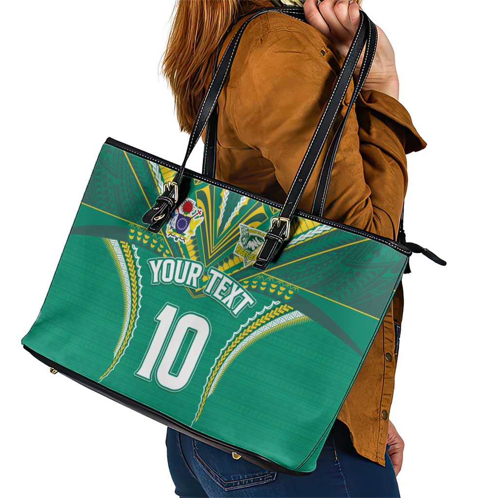 Custom Cook Islands Rugby Leather Tote Bag Tatau Art Sport Style Green Color