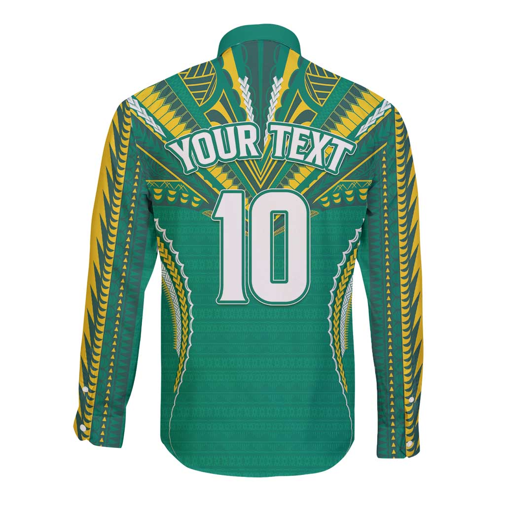 Custom Cook Islands Rugby Long Sleeve Button Shirt Tatau Art Sport Style Green Color LT03 - Polynesian Pride