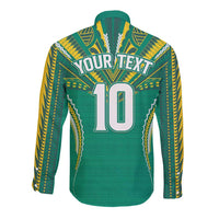 Custom Cook Islands Rugby Long Sleeve Button Shirt Tatau Art Sport Style Green Color LT03 - Polynesian Pride