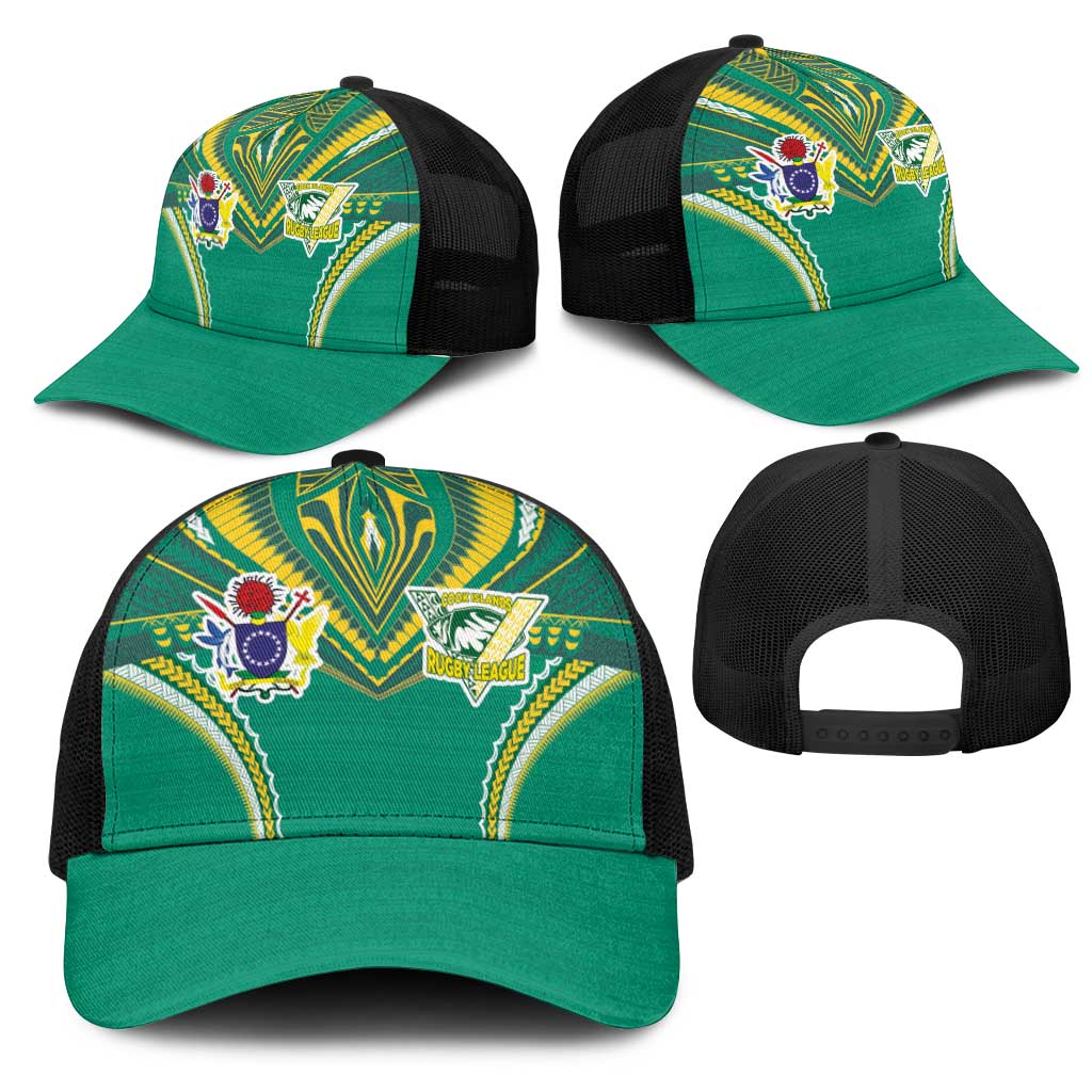 Cook Islands Rugby Mesh Trucker Cap Tatau Art Sport Style Green Color