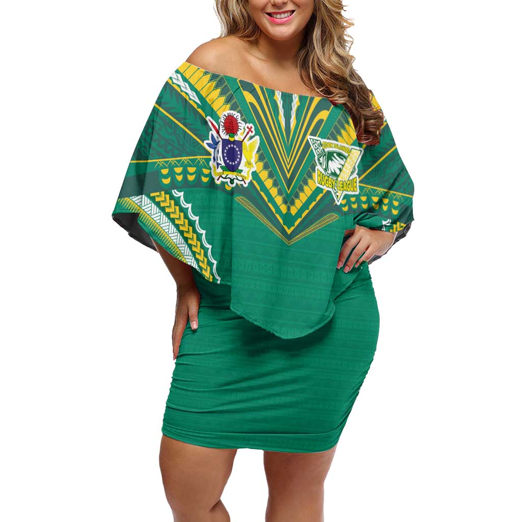 Custom Cook Islands Rugby Off Shoulder Short Dress Tatau Art Sport Style Green Color