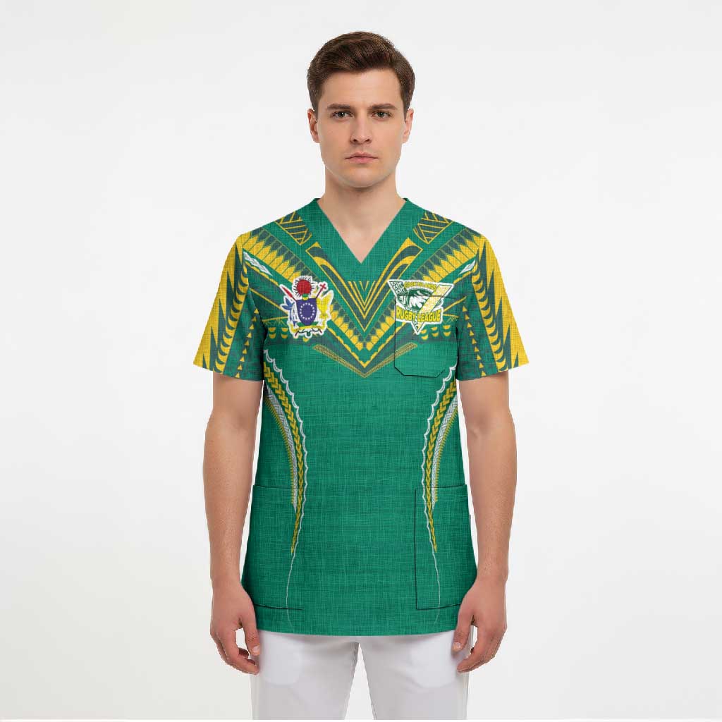 Custom Cook Islands Rugby Scrub Top Tatau Art Sport Style Green Color