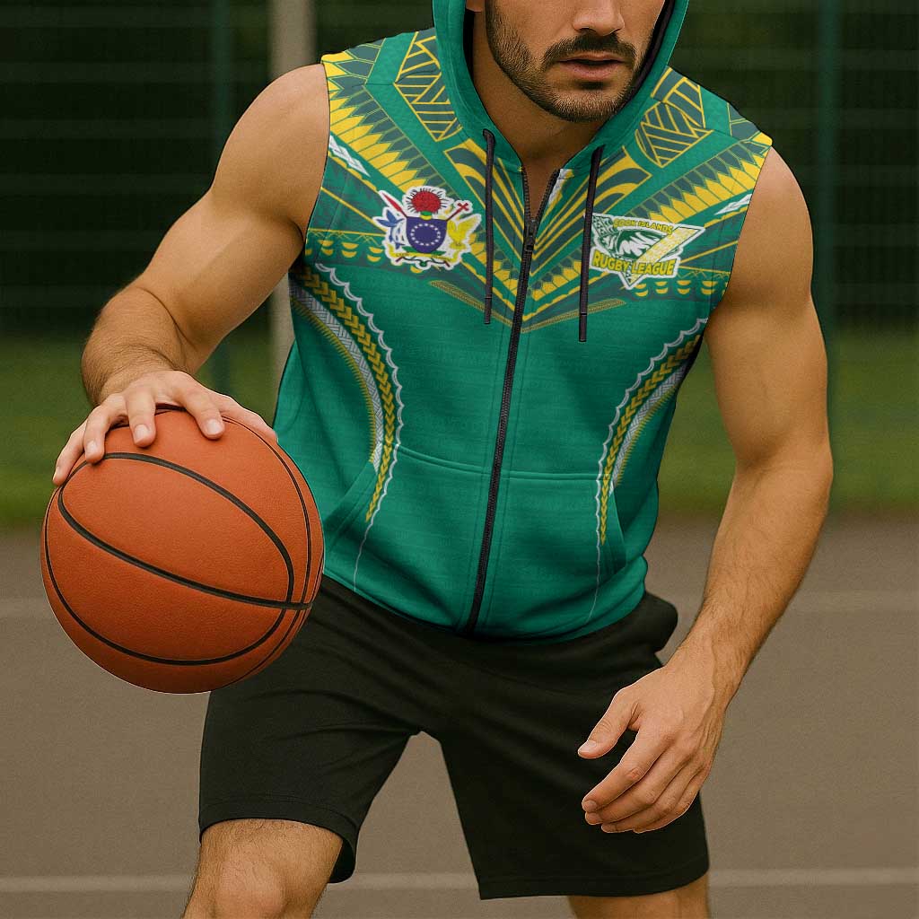Custom Cook Islands Rugby Sleeveless Zip Hoodie Tatau Art Sport Style Green Color LT03 - Polynesian Pride