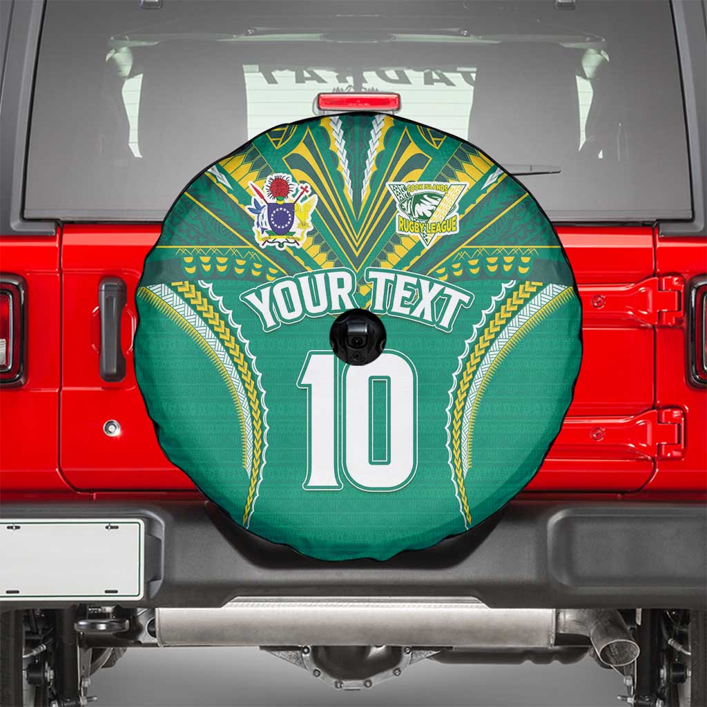 Custom Cook Islands Rugby Spare Tire Cover Tatau Art Sport Style Green Color LT03 - Polynesian Pride