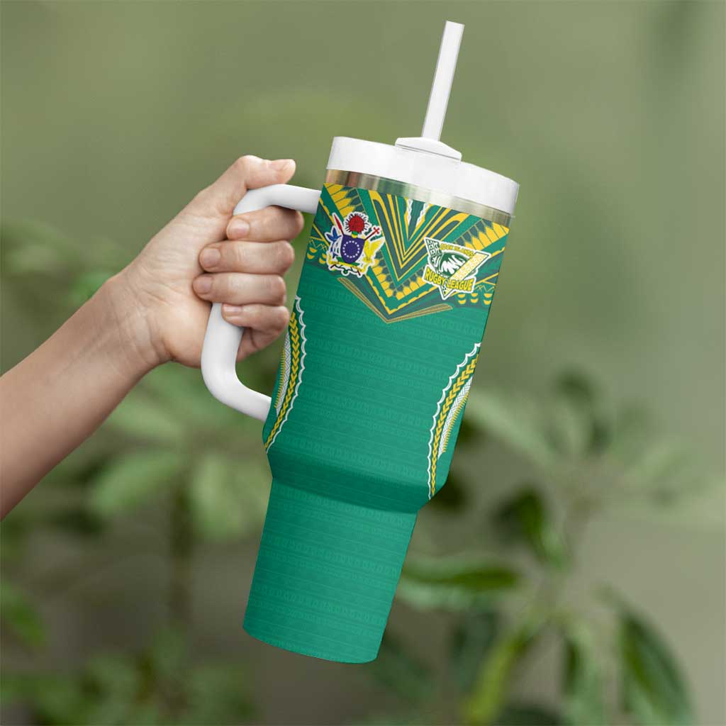 Custom Cook Islands Rugby Tumbler With Handle Tatau Art Sport Style Green Color LT03 - Polynesian Pride