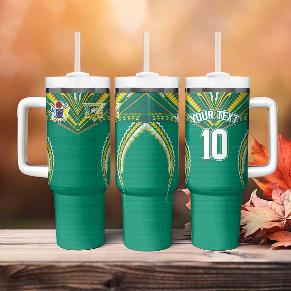 Custom Cook Islands Rugby Tumbler With Handle Tatau Art Sport Style Green Color LT03 - Polynesian Pride