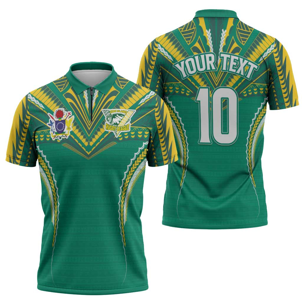 Custom Cook Islands Rugby Zipper Polo Shirt Tatau Art Sport Style Green Color LT03 - Polynesian Pride