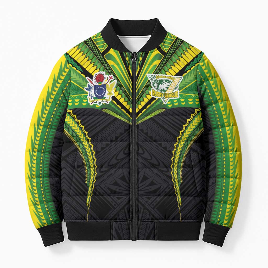 Custom Cook Islands Rugby Bomber Puffer Jacket Tatau Art Sport Style Black Color LT03 Unisex Black - Polynesian Pride