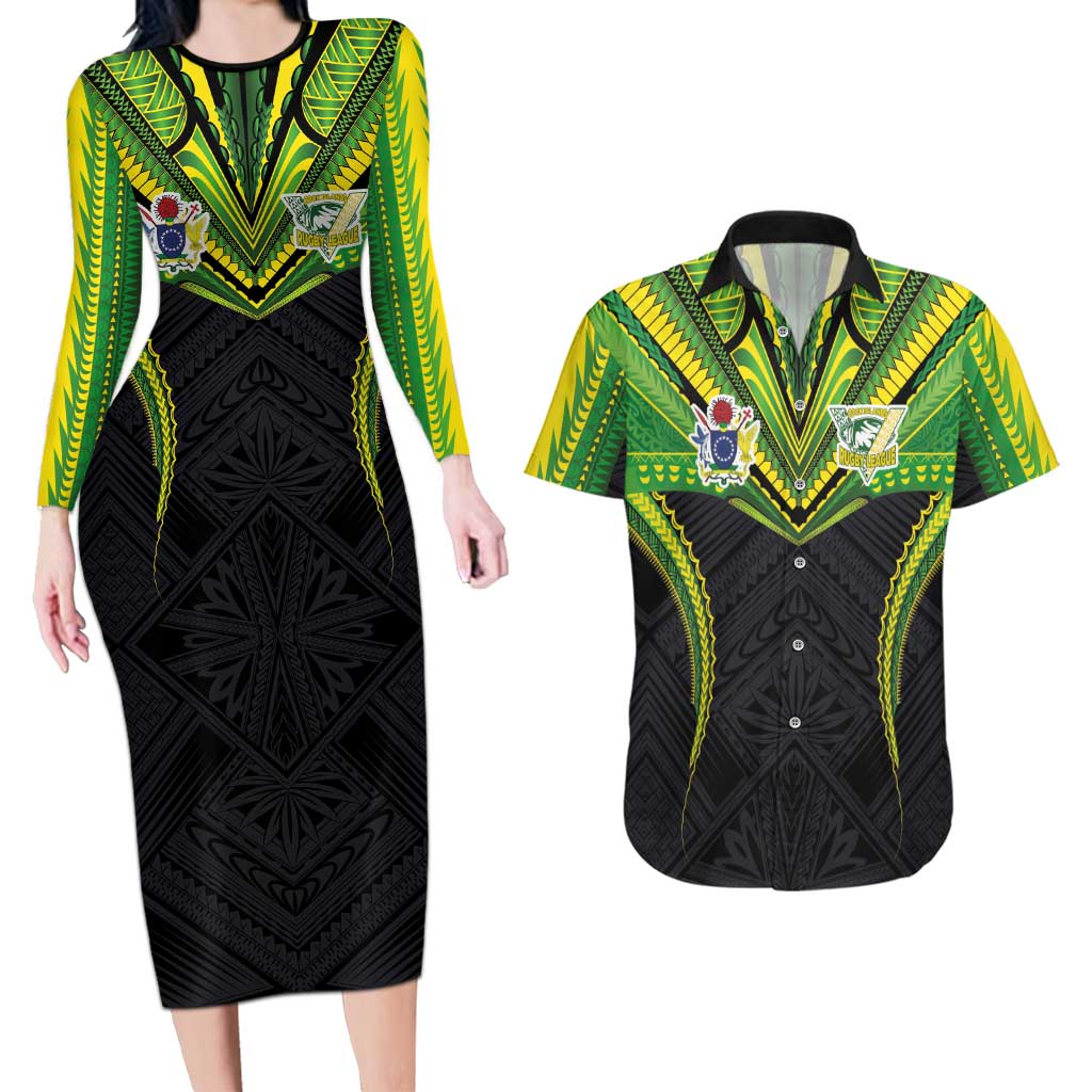 Custom Cook Islands Rugby Couples Matching Long Sleeve Bodycon Dress and Hawaiian Shirt Tatau Art Sport Style Black Color
