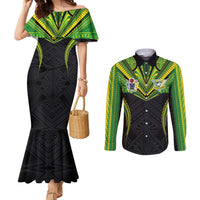 Custom Cook Islands Rugby Couples Matching Mermaid Dress and Long Sleeve Button Shirt Tatau Art Sport Style Black Color
