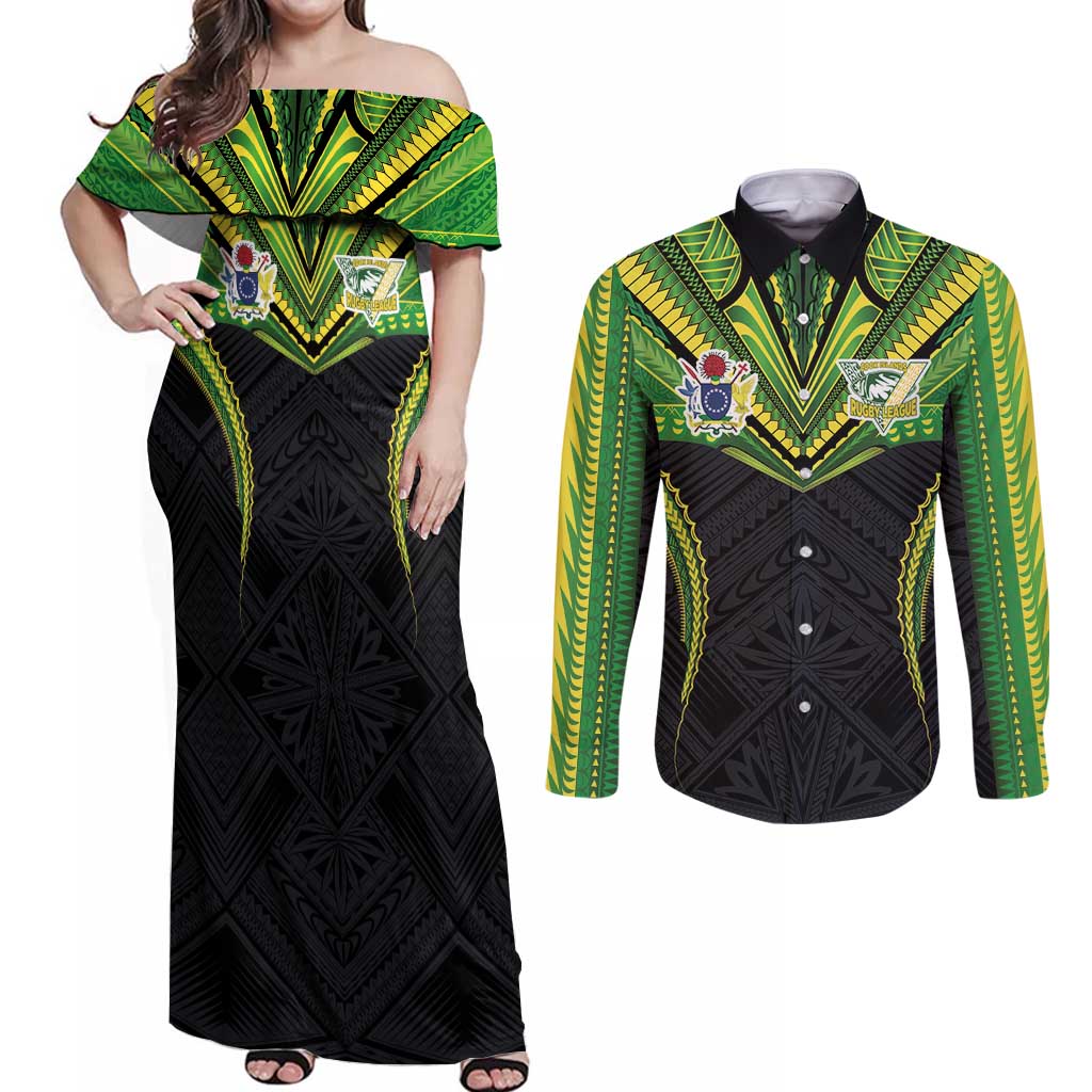 Custom Cook Islands Rugby Couples Matching Off Shoulder Maxi Dress and Long Sleeve Button Shirt Tatau Art Sport Style Black Color LT03 Black - Polynesian Pride