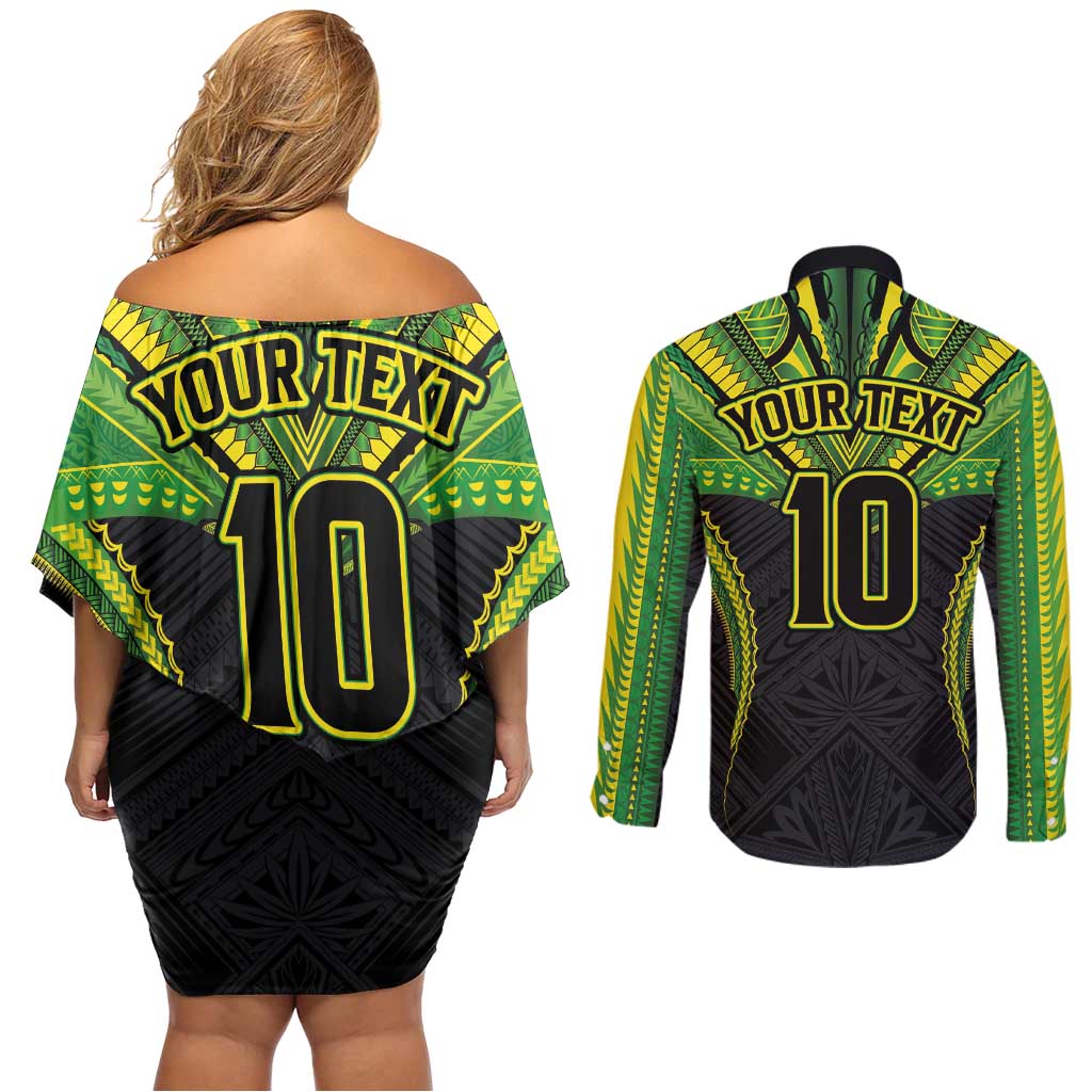 Custom Cook Islands Rugby Couples Matching Off Shoulder Short Dress and Long Sleeve Button Shirt Tatau Art Sport Style Black Color
