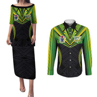 Custom Cook Islands Rugby Couples Matching Puletasi and Long Sleeve Button Shirt Tatau Art Sport Style Black Color