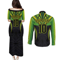Custom Cook Islands Rugby Couples Matching Puletasi and Long Sleeve Button Shirt Tatau Art Sport Style Black Color
