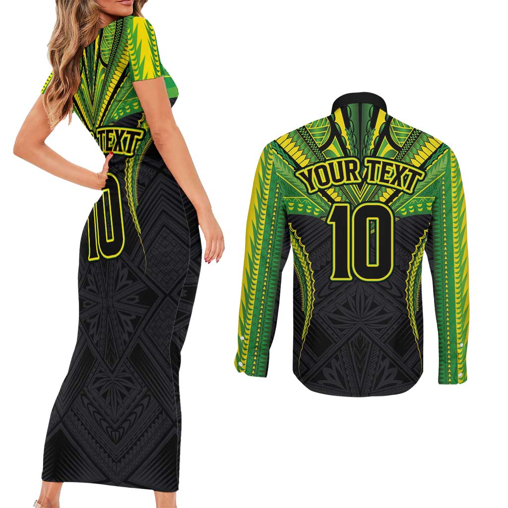 Custom Cook Islands Rugby Couples Matching Short Sleeve Bodycon Dress and Long Sleeve Button Shirt Tatau Art Sport Style Black Color