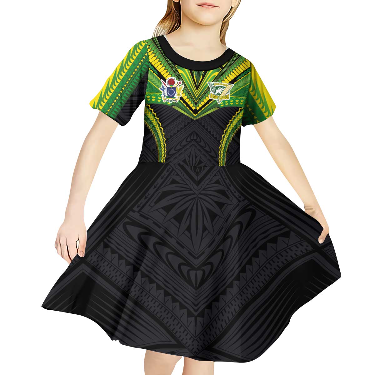 Custom Cook Islands Rugby Kid Short Sleeve Dress Tatau Art Sport Style Black Color LT03 - Polynesian Pride