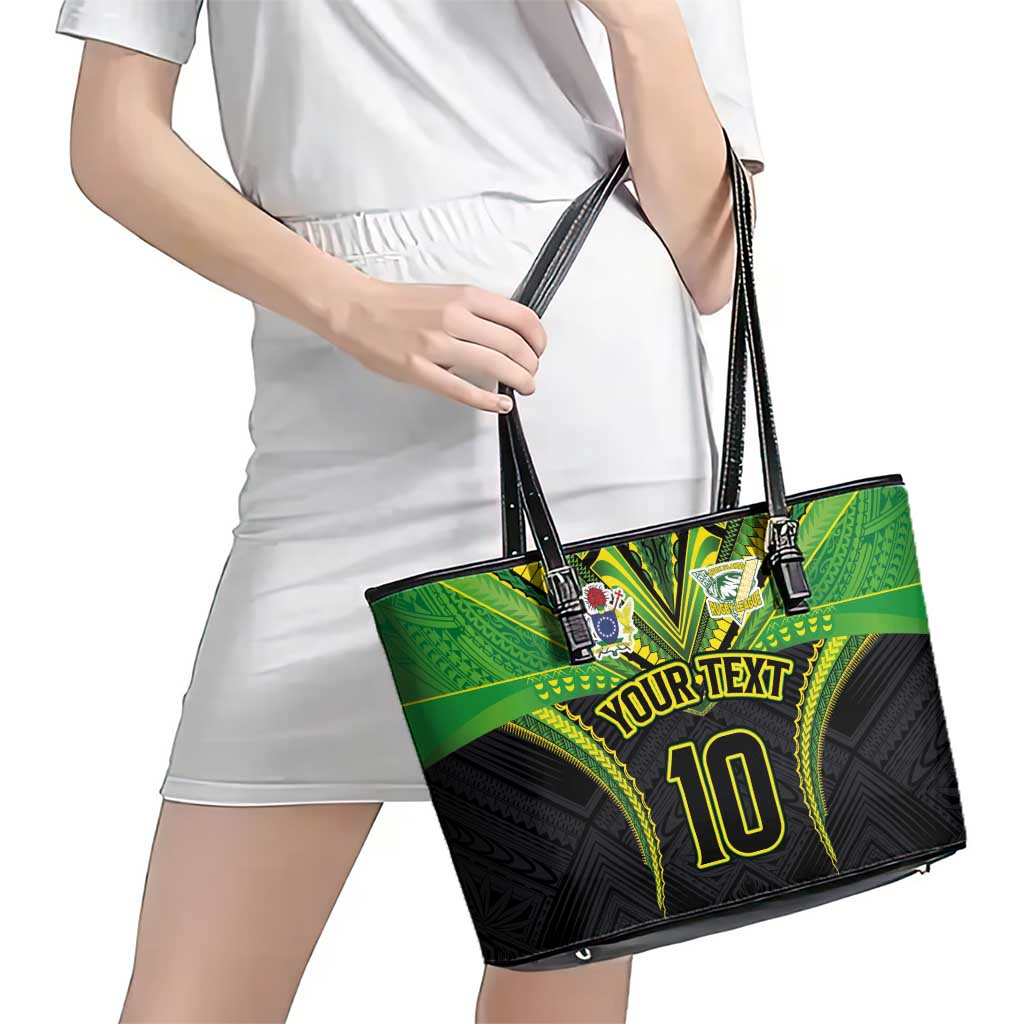 Custom Cook Islands Rugby Leather Tote Bag Tatau Art Sport Style Black Color