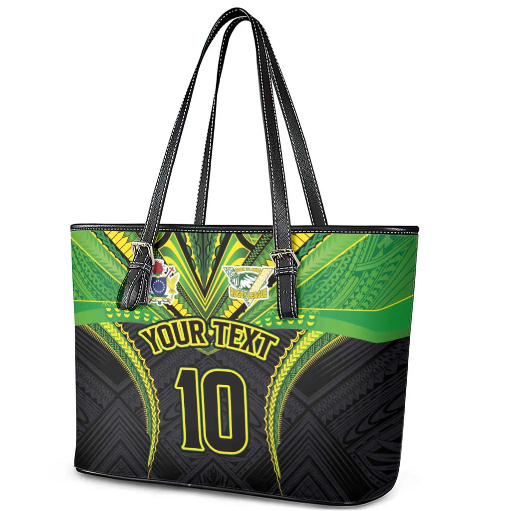 Custom Cook Islands Rugby Leather Tote Bag Tatau Art Sport Style Black Color