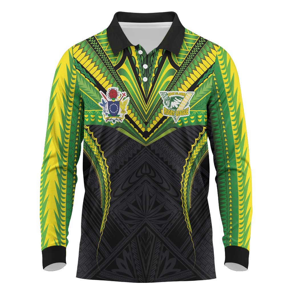 Custom Cook Islands Rugby Long Sleeve Polo Shirt Tatau Art Sport Style Black Color LT03 Black - Polynesian Pride