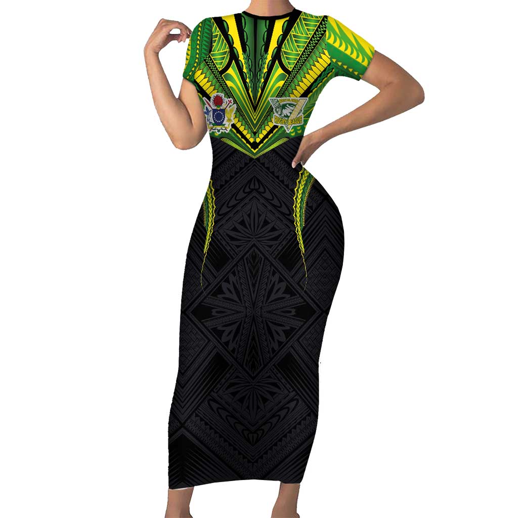 Custom Cook Islands Rugby Short Sleeve Bodycon Dress Tatau Art Sport Style Black Color LT03 Long Dress Black - Polynesian Pride