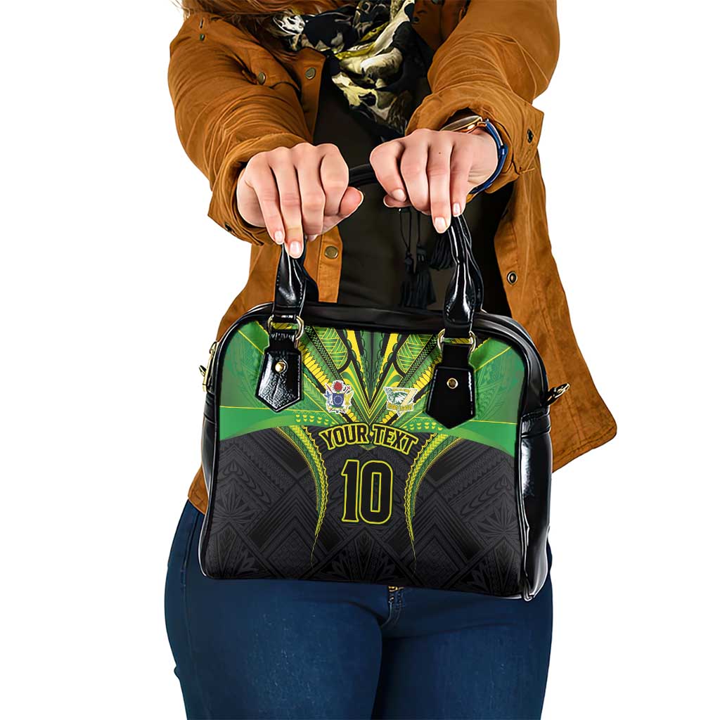 Custom Cook Islands Rugby Shoulder Handbag Tatau Art Sport Style Black Color