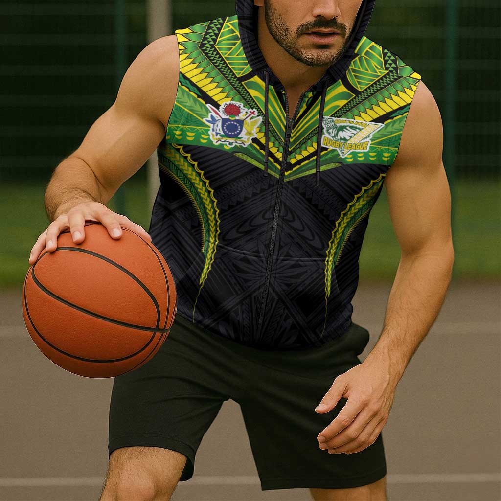 Custom Cook Islands Rugby Sleeveless Zip Hoodie Tatau Art Sport Style Black Color LT03 - Polynesian Pride