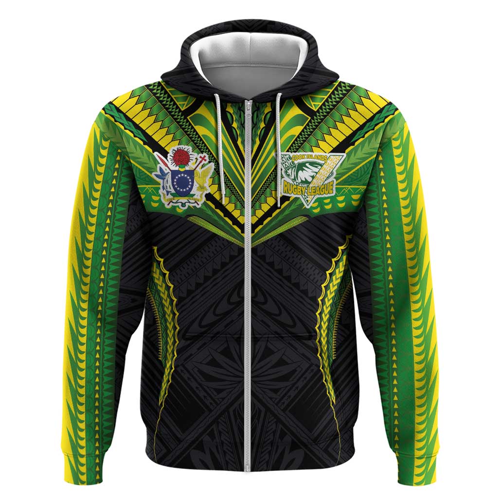 Custom Cook Islands Rugby Zip Hoodie Tatau Art Sport Style Black Color
