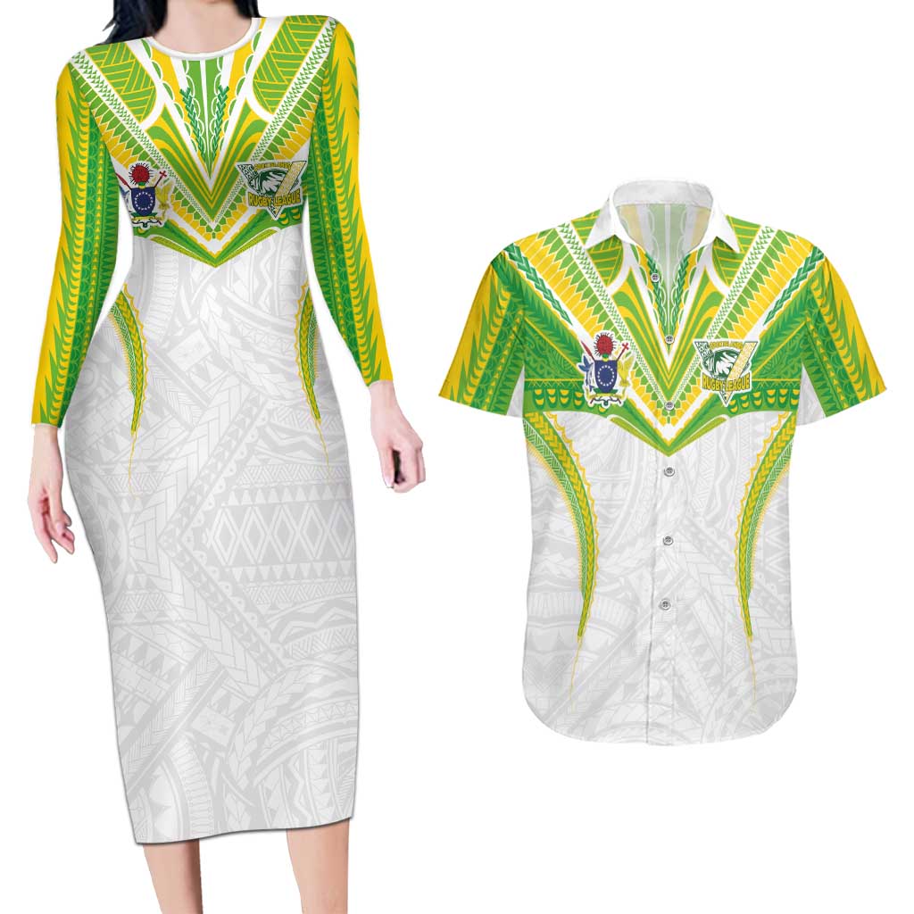 Custom Cook Islands Rugby Couples Matching Long Sleeve Bodycon Dress and Hawaiian Shirt Tatau Art Sport Style White Color