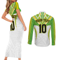 Custom Cook Islands Rugby Couples Matching Short Sleeve Bodycon Dress and Long Sleeve Button Shirt Tatau Art Sport Style White Color