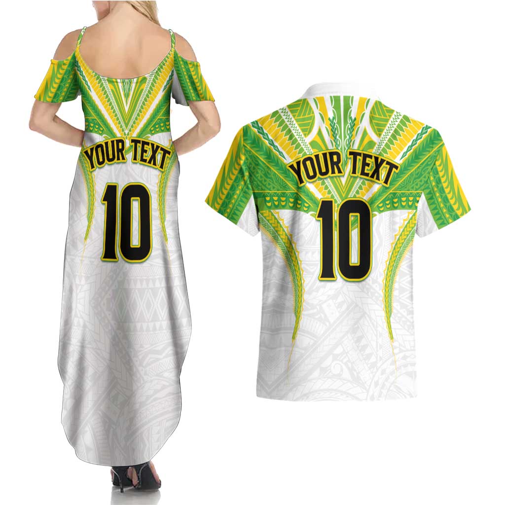 Custom Cook Islands Rugby Couples Matching Summer Maxi Dress and Hawaiian Shirt Tatau Art Sport Style White Color