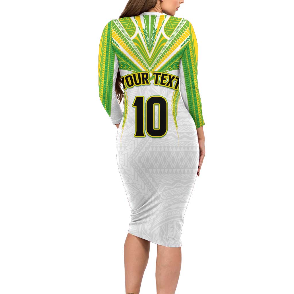 Custom Cook Islands Rugby Long Sleeve Bodycon Dress Tatau Art Sport Style White Color LT03 - Polynesian Pride
