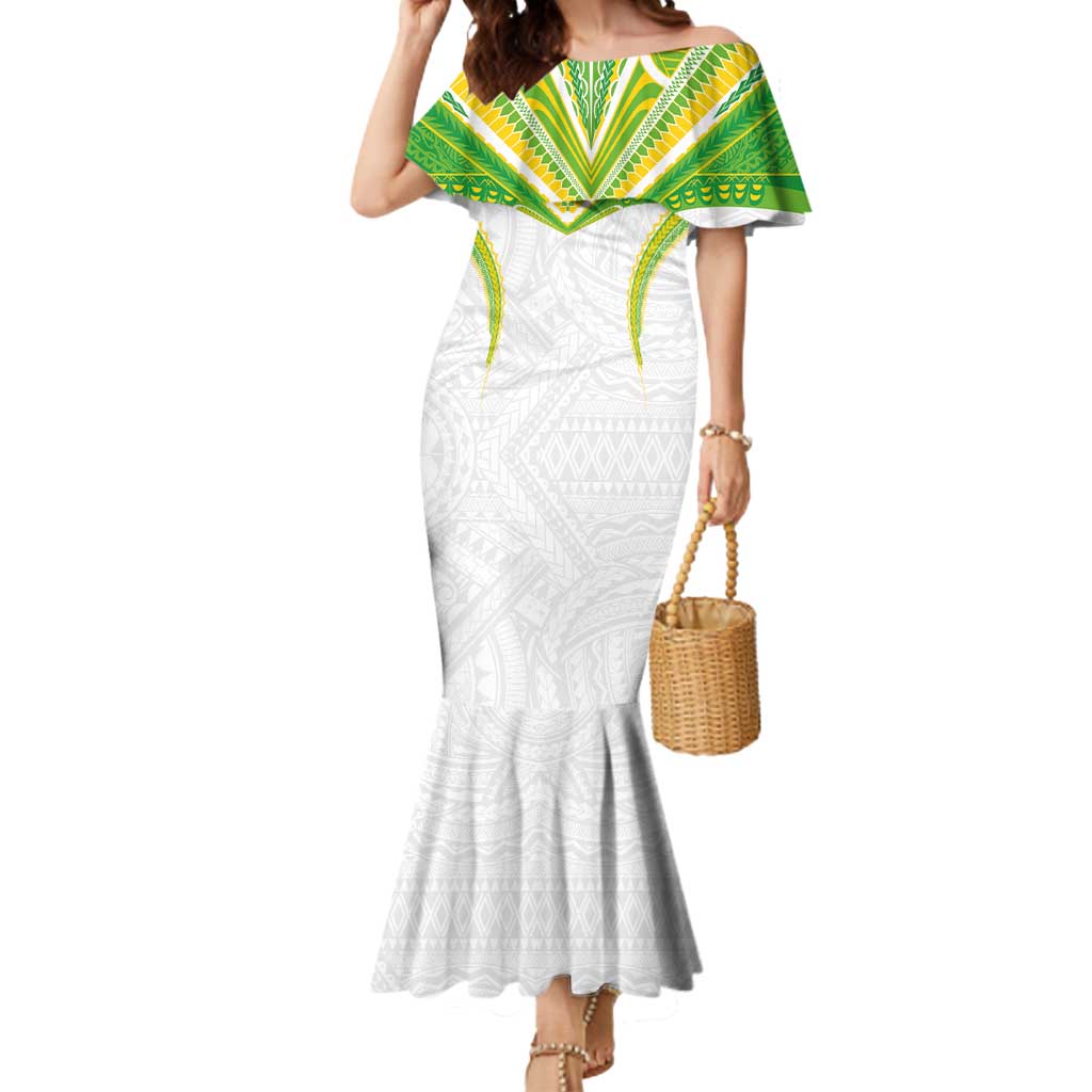 Custom Cook Islands Rugby Mermaid Dress Tatau Art Sport Style White Color