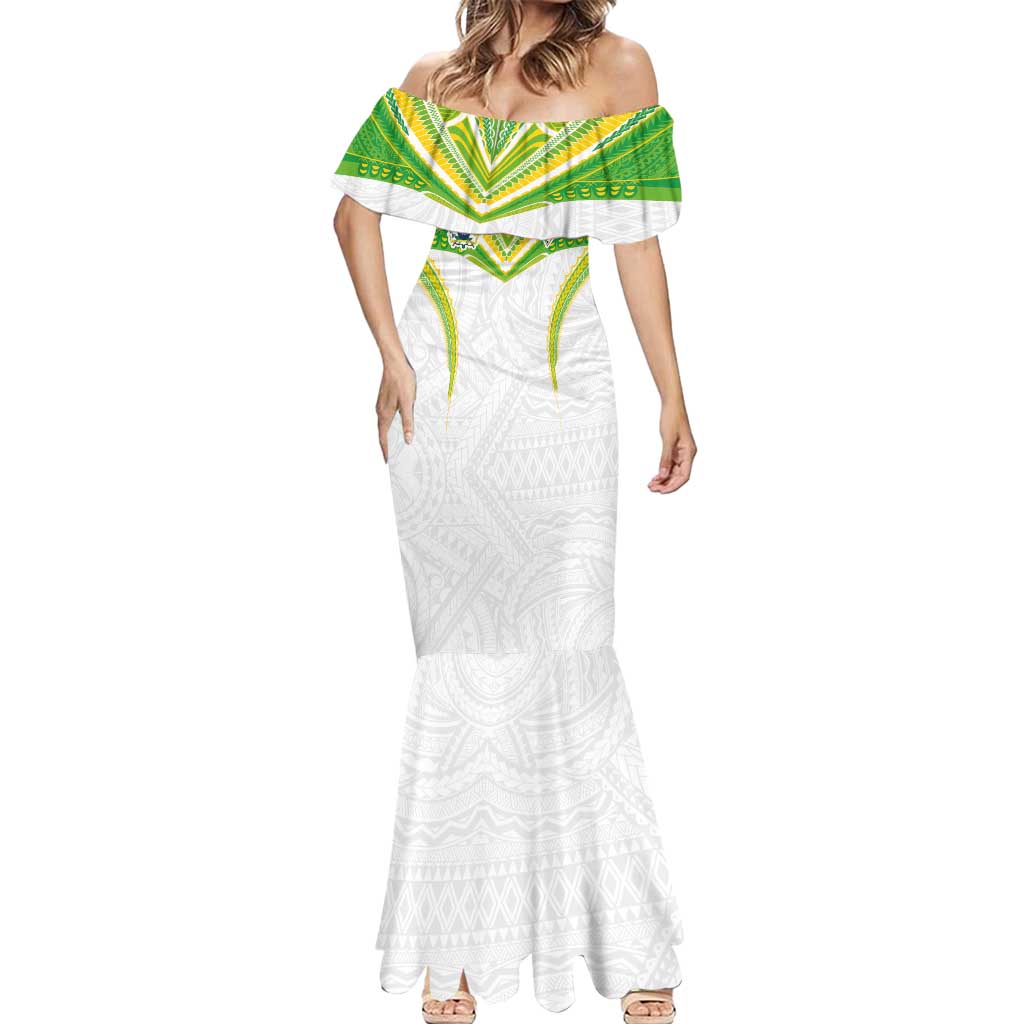 Custom Cook Islands Rugby Mermaid Dress Tatau Art Sport Style White Color