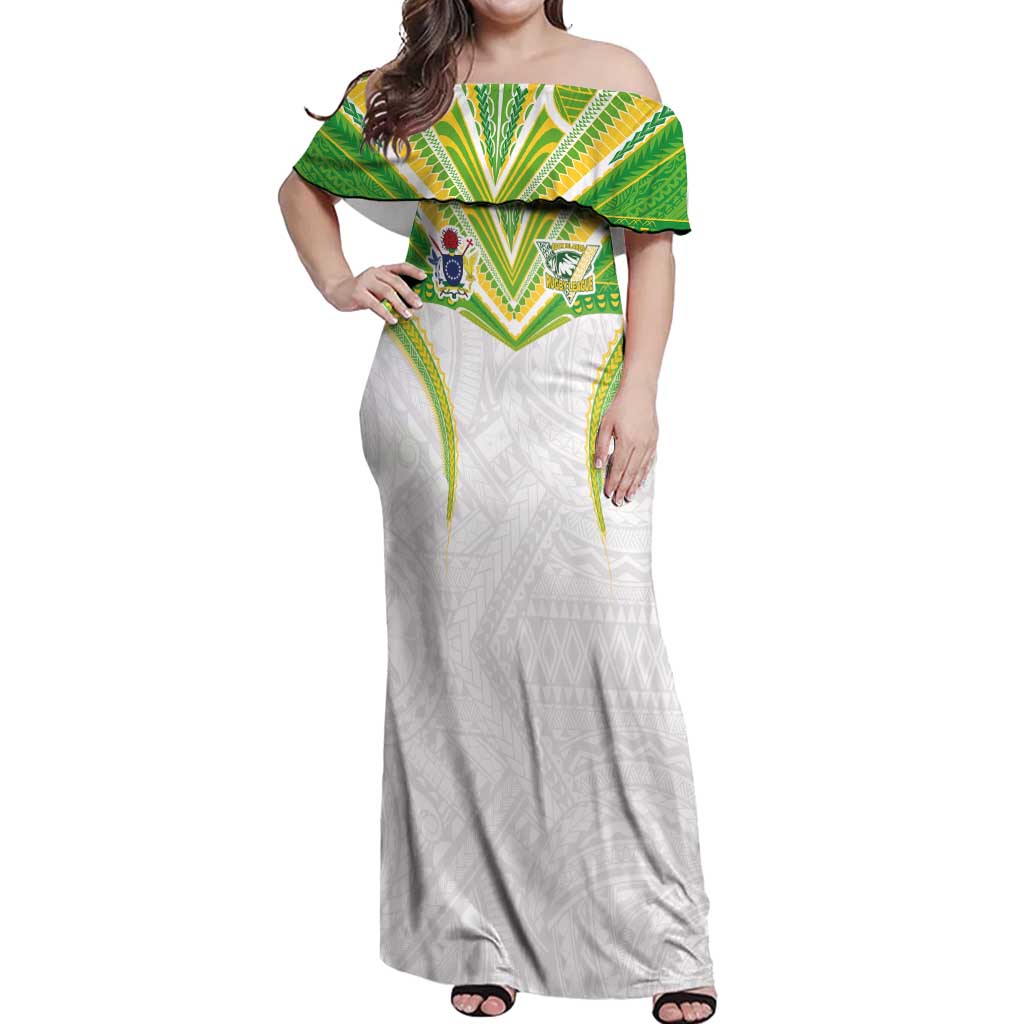 Custom Cook Islands Rugby Off Shoulder Maxi Dress Tatau Art Sport Style White Color LT03 Women White - Polynesian Pride