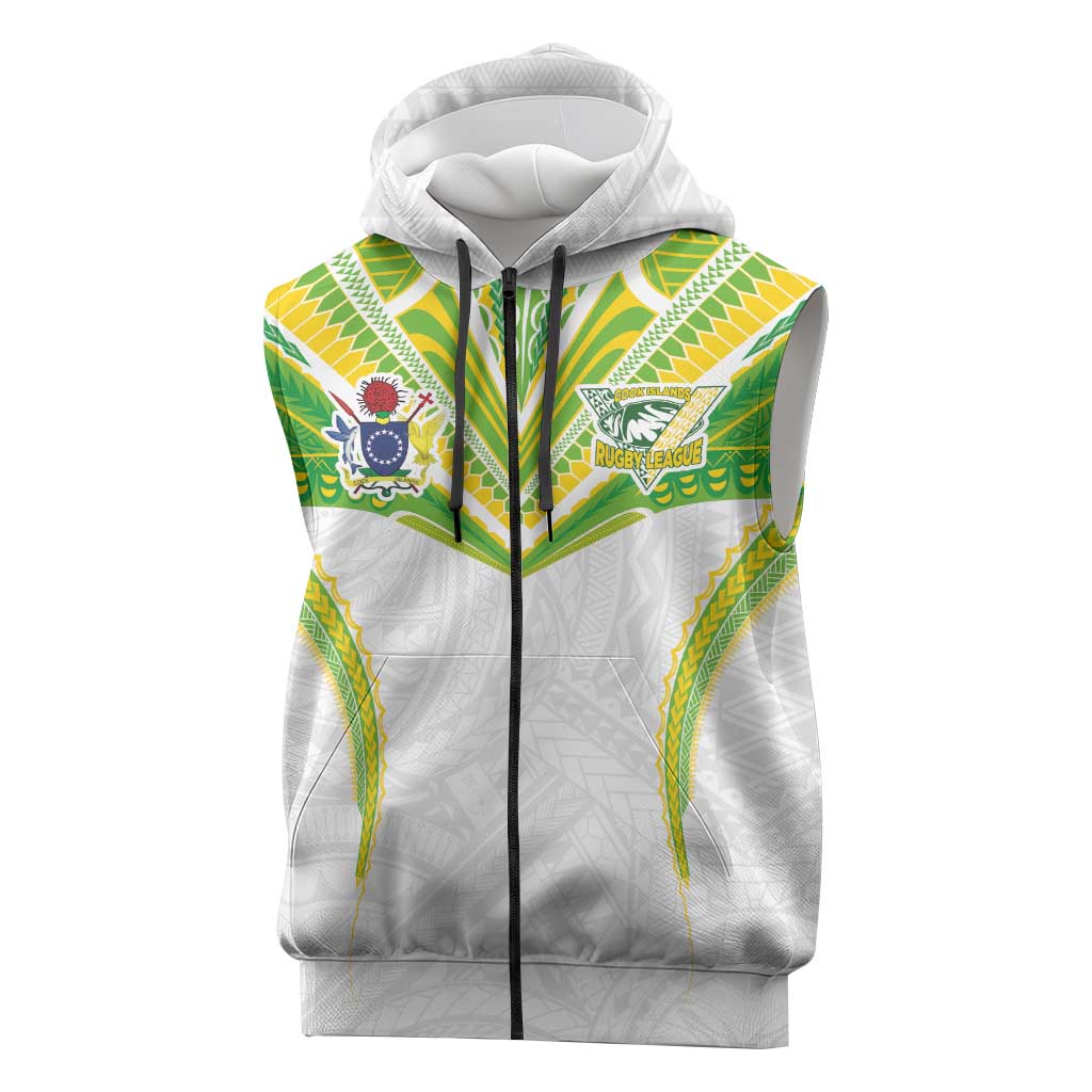 Custom Cook Islands Rugby Sleeveless Zip Hoodie Tatau Art Sport Style White Color