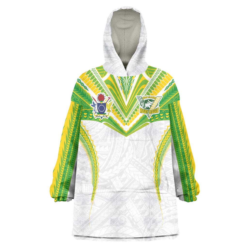Custom Cook Islands Rugby Wearable Blanket Hoodie Tatau Art Sport Style White Color