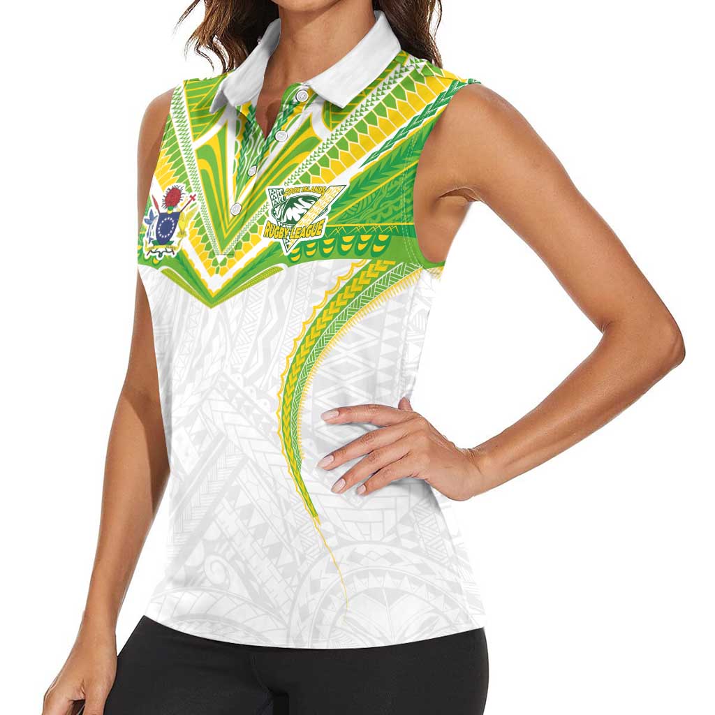 Custom Cook Islands Rugby Women Sleeveless Polo Shirt Tatau Art Sport Style White Color