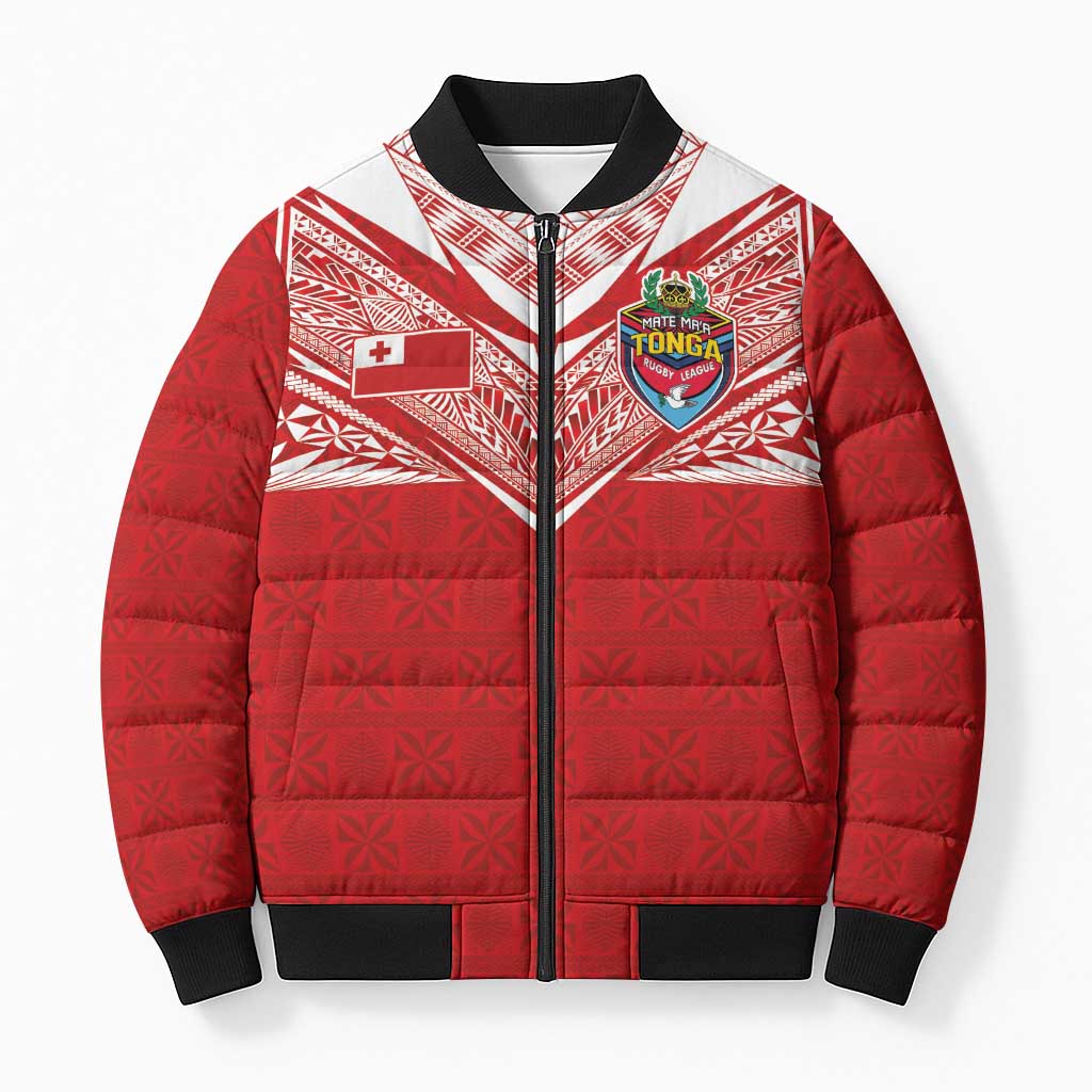 Custom Tonga Rugby Bomber Puffer Jacket Ngatu Motifs and Pacific Patterns LT03 Unisex Red - Polynesian Pride