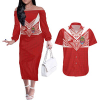 Custom Tonga Rugby Couples Matching Off The Shoulder Long Sleeve Dress and Hawaiian Shirt Ngatu Motifs and Pacific Patterns LT03 Red - Polynesian Pride