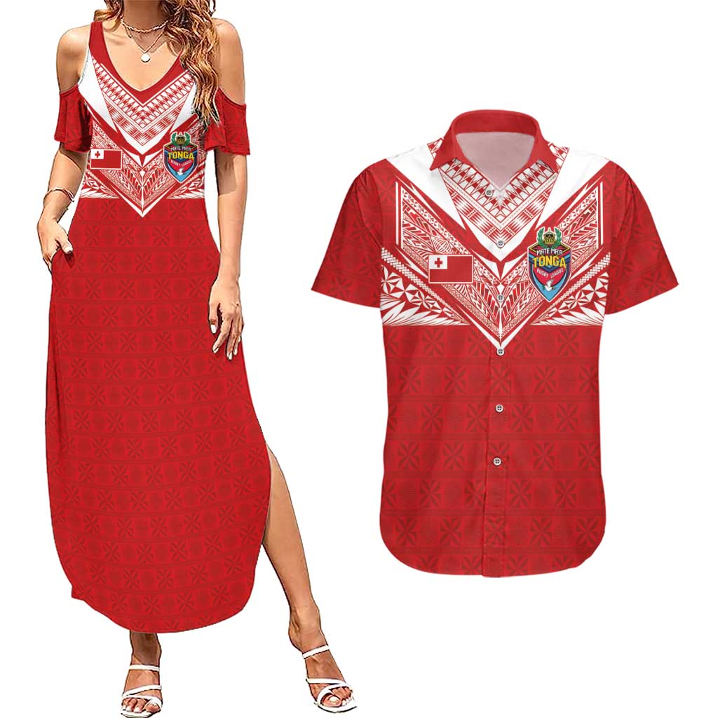 Custom Tonga Rugby Couples Matching Summer Maxi Dress and Hawaiian Shirt Ngatu Motifs and Pacific Patterns LT03 Red - Polynesian Pride