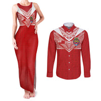 Custom Tonga Rugby Couples Matching Tank Maxi Dress and Long Sleeve Button Shirt Ngatu Motifs and Pacific Patterns LT03 Red - Polynesian Pride