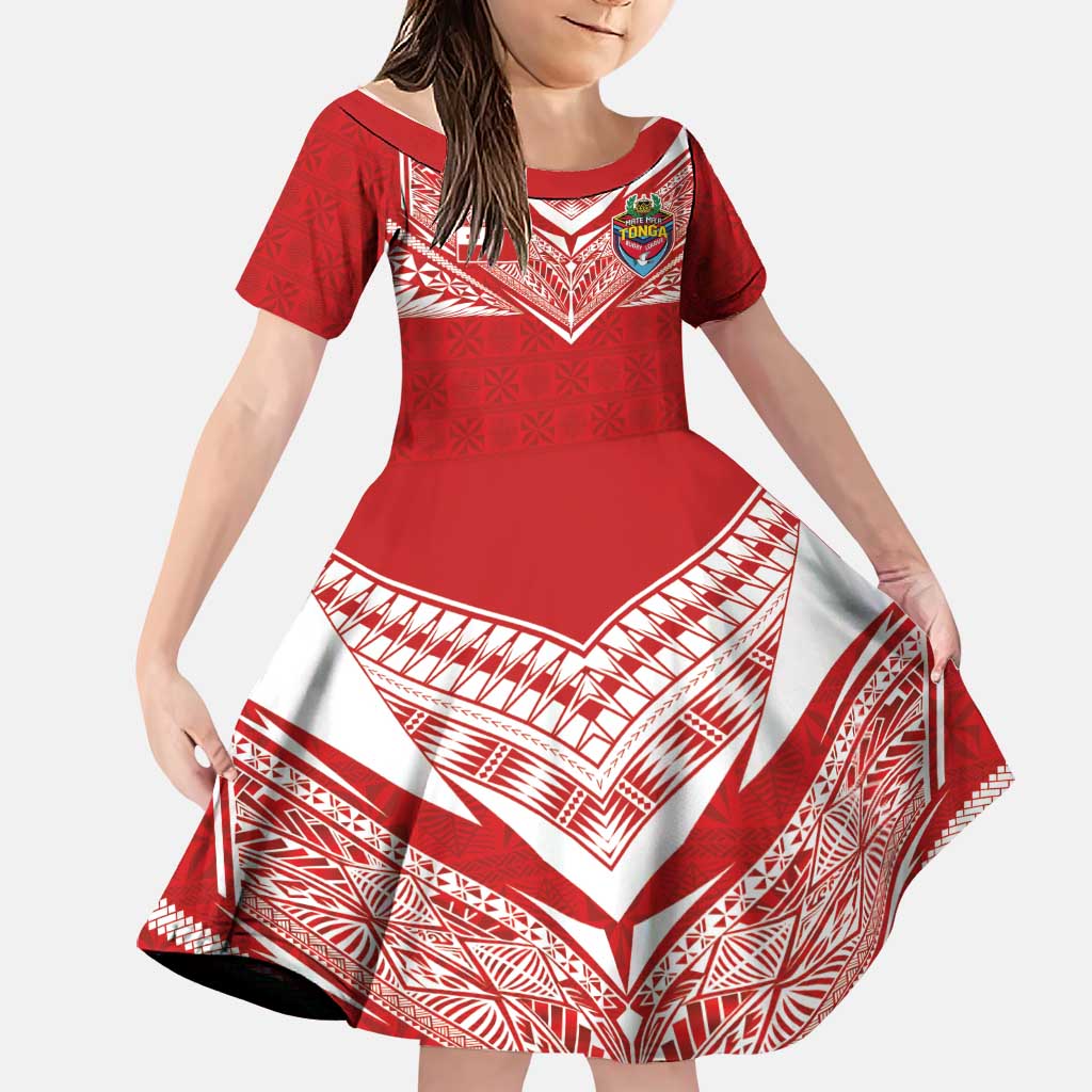 Custom Tonga Rugby Family Matching Off The Shoulder Long Sleeve Dress and Hawaiian Shirt Ngatu Motifs and Pacific Patterns LT03 Daughter's Dress Red - Polynesian Pride