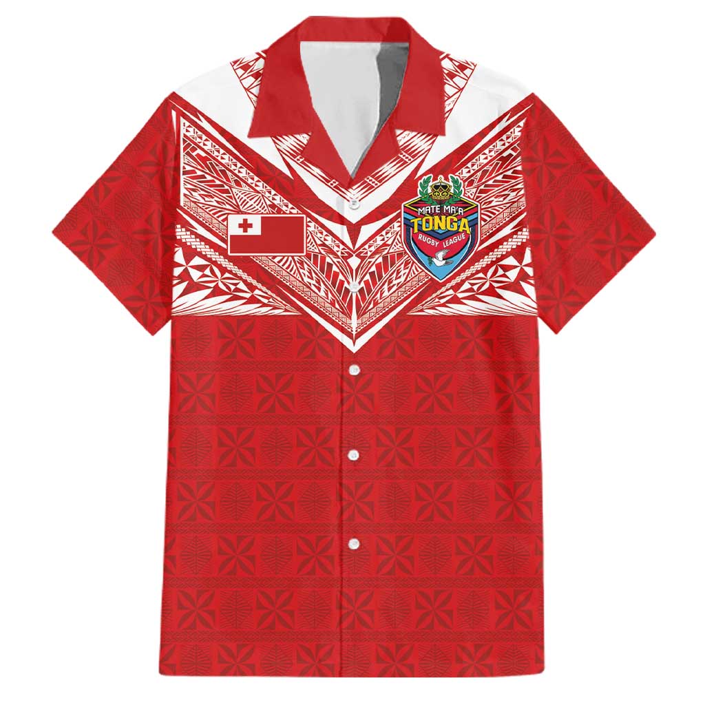 Custom Tonga Rugby Family Matching Off Shoulder Maxi Dress and Hawaiian Shirt Ngatu Motifs and Pacific Patterns LT03 Dad's Shirt - Short Sleeve Red - Polynesian Pride